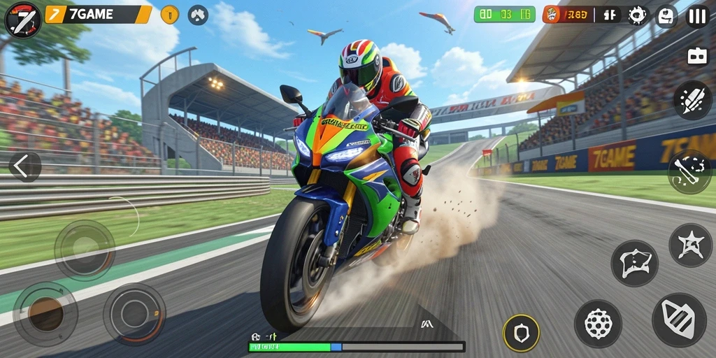 Screenshot gameplay 7GAME menampilkan balapan motor yang seru.