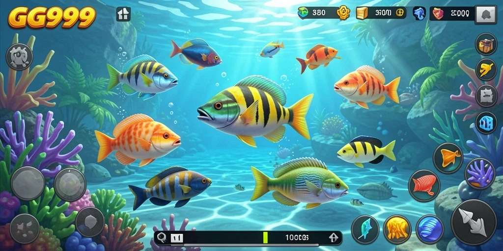 Tampilan gameplay GG999 saat menembak ikan dengan senjata.