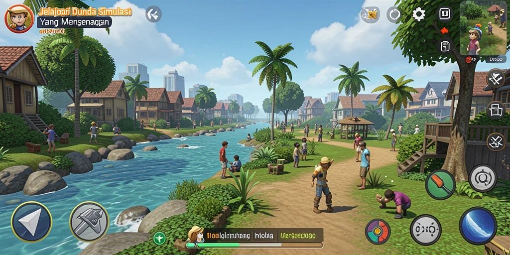 Screenshot ODDIGO menampilkan karakter yang sedang membangun rumah di dunia simulasi.