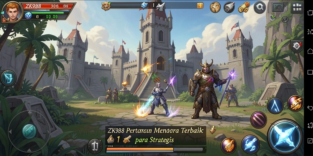 Tangkapan layar utama ZK988 menampilkan pertempuran seru dalam game Tower Defense.